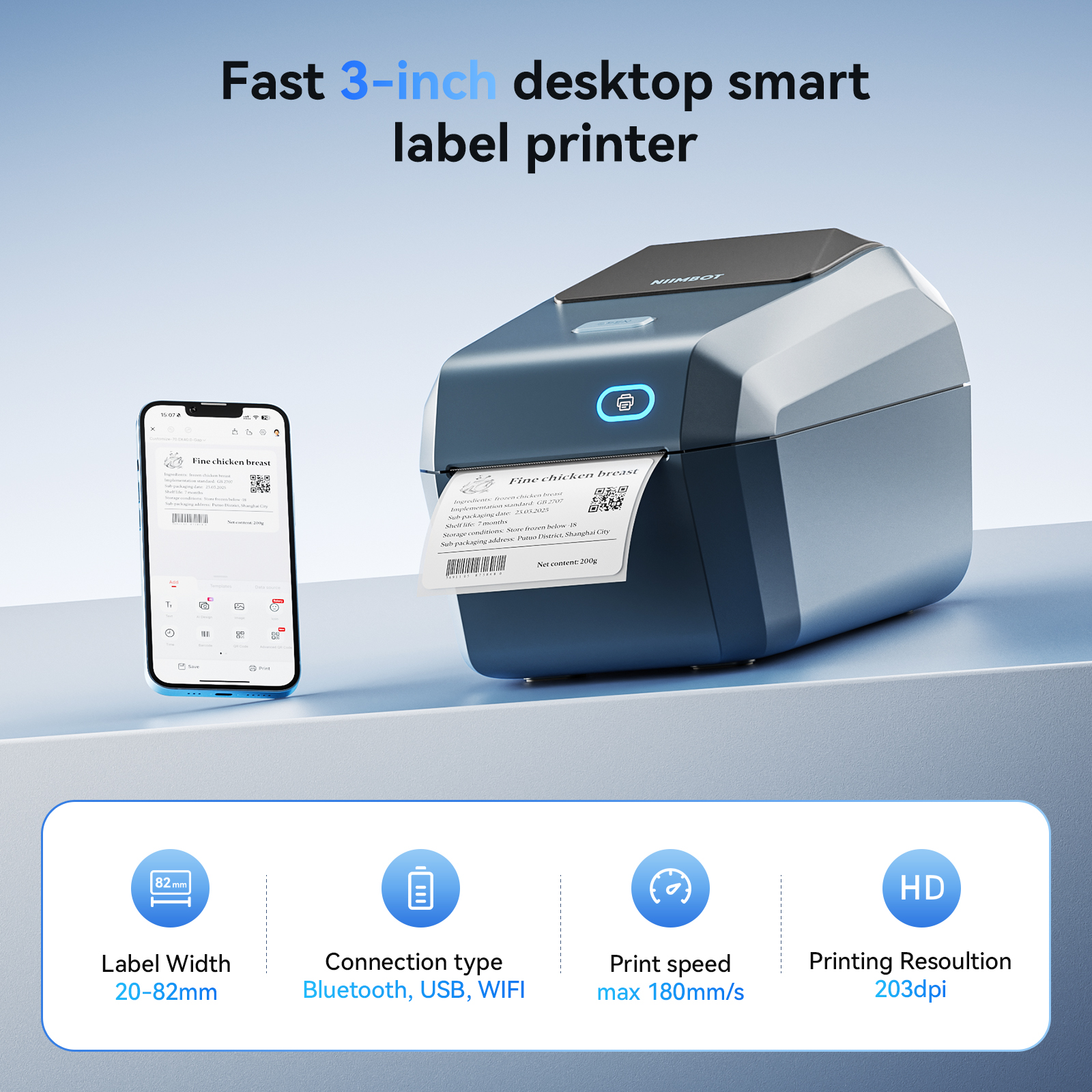 NIIMBOT K3W 3-inch desktop thermal label printer with mobile phone